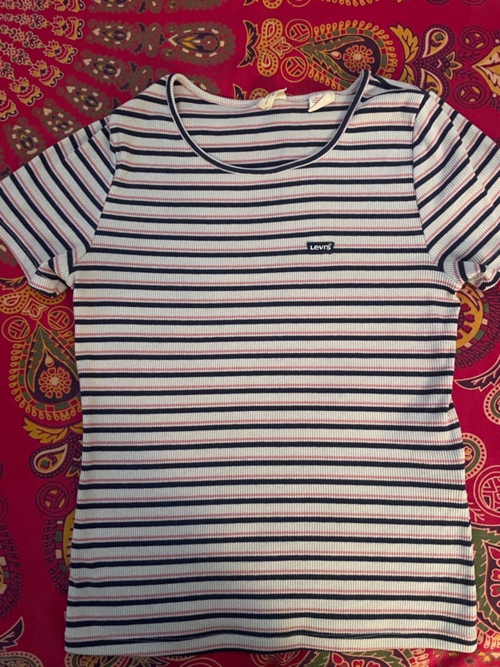 Levi's White, Navy & Pink Striped Ribbed Tee sz XS 💗